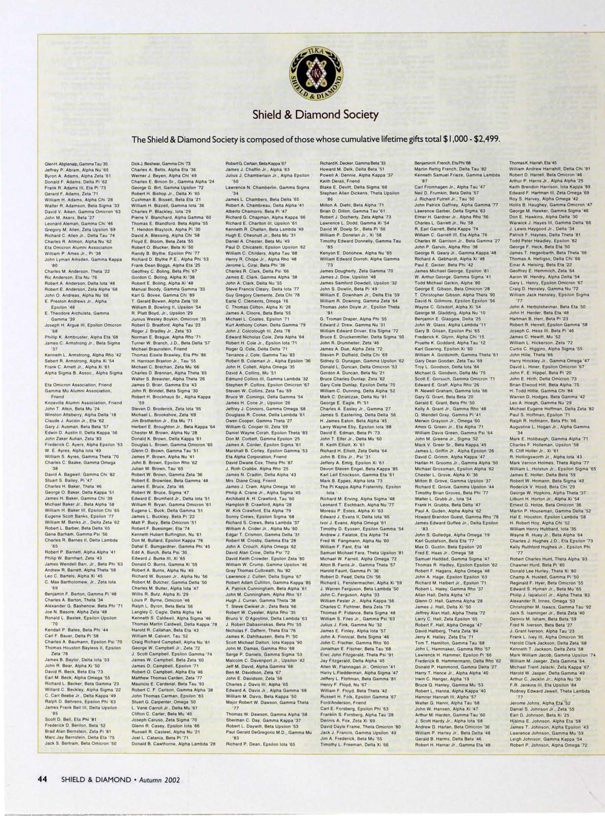 Shield & Diamond Society, Autumn 2002